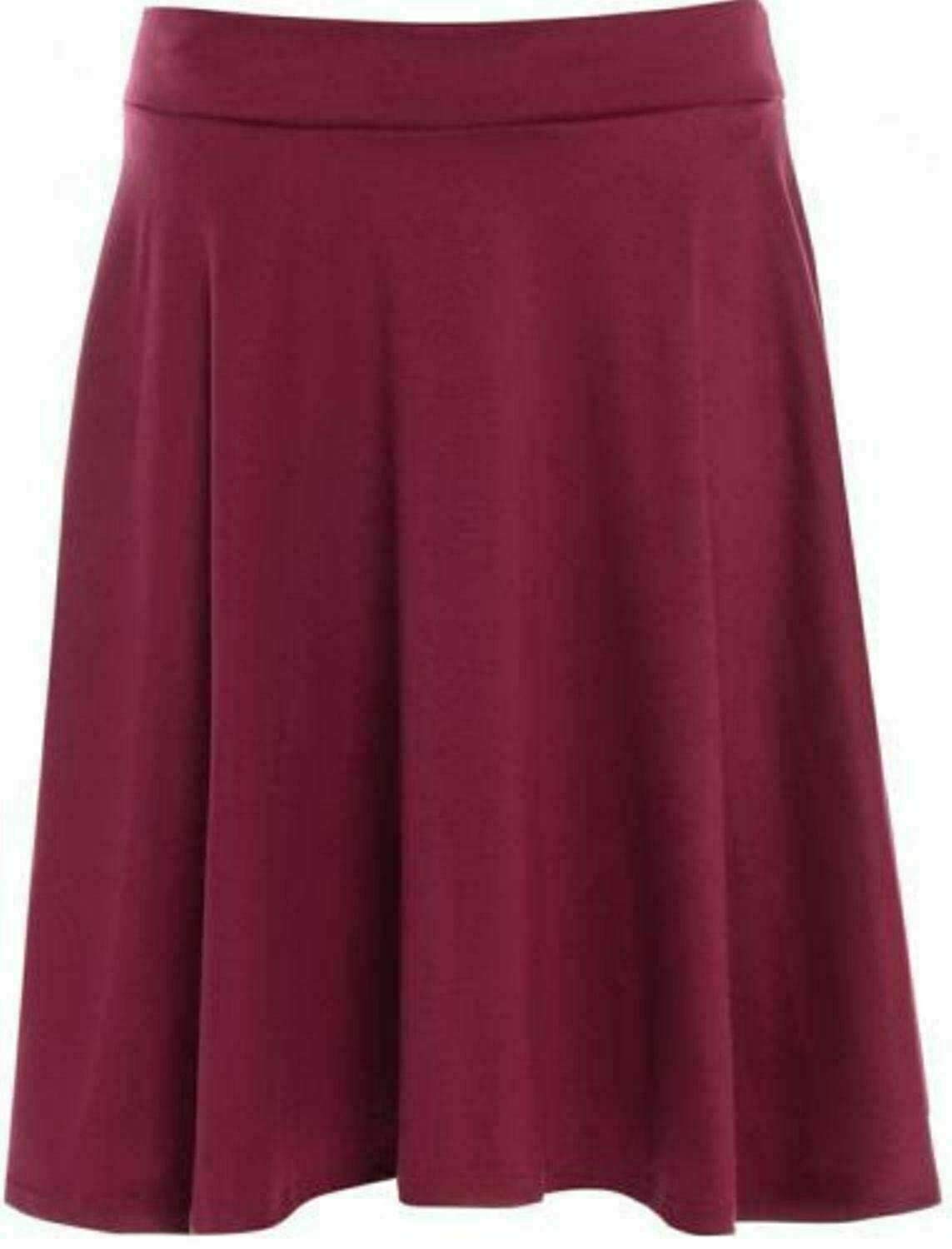 Womens Plain Soft Stretch Ladies Elasticated Waistband Knee Length Full FLA Swing Skater Midi Skirt (Wine UK 14)