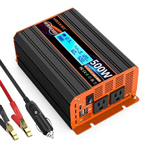500 Watt Pure Sine Wave Power Inverter 12V DC to 110V 120V Converter for Home, RV and Off-Grid Solar Systems with Type-C Port, 2 AC Outlets, 2 USB Ports, LCD Display