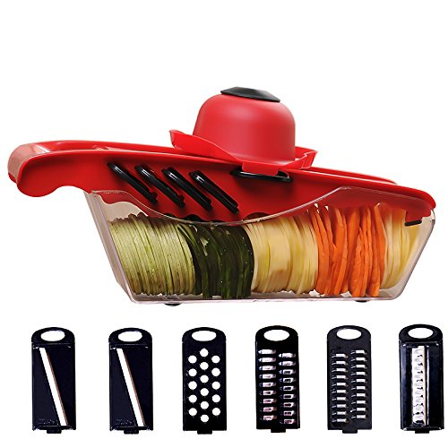 Mandoline Slicer Spiralizer Vegetable Slicer Cheese Slicer Potato Slicer, Cutter Chopper, Shredder with Anti-Skid Handle and Catch Tray, 6 Blades, Red