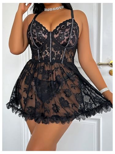 Women's Plus Size 2 Piece Babydoll Lingerie Sets Floral Lace Sheer Mesh Ruffle Nightdress with Panty4