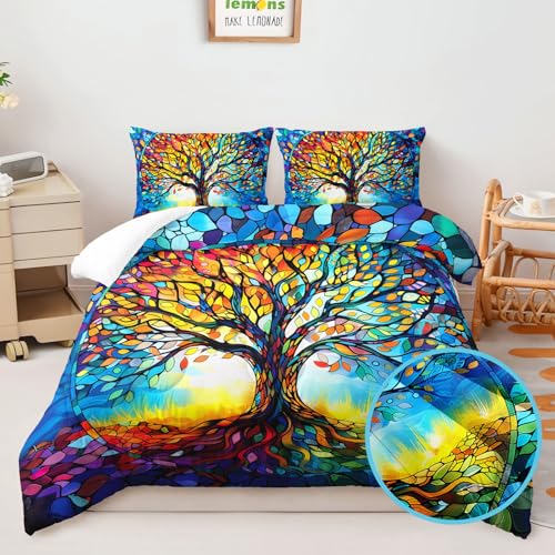 Image of AILONEN Colorful Tree of Life Comforter Set Queen Size,Oil Painting Tree Art Aesthetic Bedding Set,Soft Boho Comforter with 2 Pillowcases,3Pcs