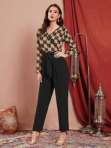Image of LONDON BELLY Women's Polyester Semi-Formal Jumpsuit with Round Neck Half Sleeves Adjustable Waist Tie Abstract Pattern and Regular Fit | Women Stylish One Piece Outfit | Women Regular Fit Jumpsuit