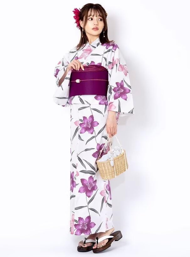 Women's Yukata Summer 2-Pieces Set Blossom Breathable 100% Cotton Japanese Style Floral Print Obi Belt Kimono3