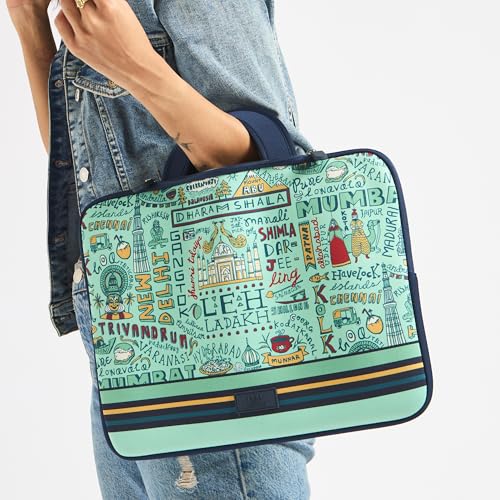 Image of Chumbak TEAL Traveller's Laptop Sleeve a€ inch 15 Inch, Blue, Soft Padded Laptop Case with Foldable Handles, Lightweight and Trendy for Office, College and Travel