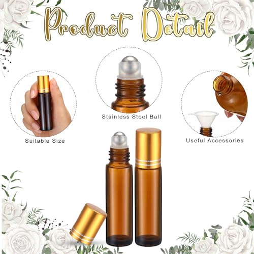 Image of Sumind 150 Pcs Essential Oil Roller Bottles 10 ml Glass Roller Bottles with Stainless Steel Roller Balls Empty Bottles Leak Proof Roll on Bottles with 5 Funnel for Travel Essential Oil (Amber, Gold)