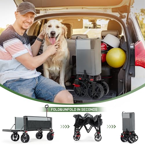Image of Timber Ridge 47 inch L Collapsible Folding Wagon with Tailgate, 300 lbs Heavy Duty Beach Wagon with All-Terrain Big Wheels, 250L Foldable Utility Cart for Sand Camping Sports Shopping, Grey