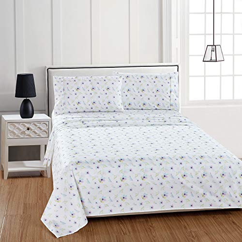 softan Queen Bed Sheet Set, 4 PC Dandelion Printed Brushed Microfiber Elegant Bedding Set, 1 Flat Sheet,1 Deep Pocket Fitted Sheet, and 2 Pillow Cases, Breathable & Silky Soft Feeling Sheets