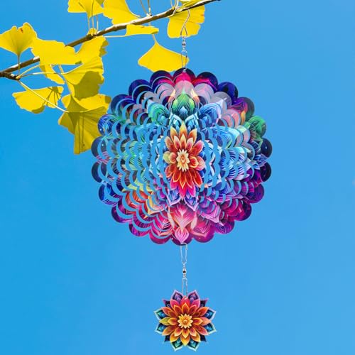 Rngmsi Mandala Wind Spinners Outdoor Garden Decor for Outside, 3D Metal Wind Spinner Hanging Decor Kinetic Art for Yard, 12 Inches Stainless Steel Hanging Mandala Gifts for Women