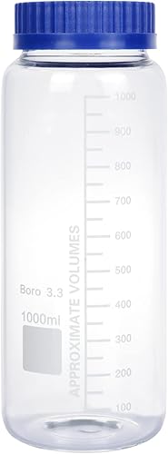 Moonetto Paquete de 2 botellas de vidrio de laboratorio de almacenamiento con tapa de rosca de polipropileno azul de 33.8 fl oz de boca ancha