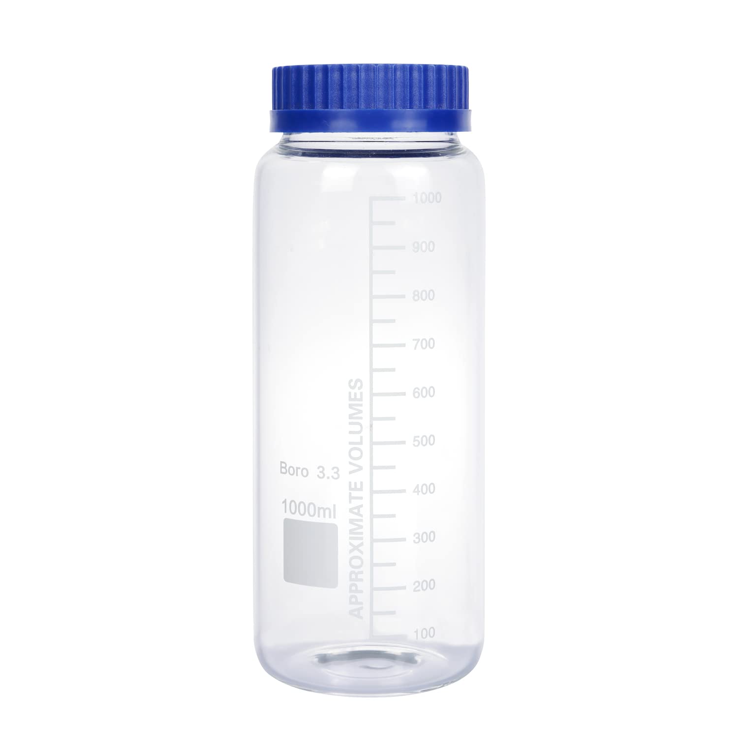 Moonetto Paquete de 2 botellas de vidrio de borosilicato redondas graduadas de boca ancha de 1000 ml con tapa de rosca de polipropileno azul GL70