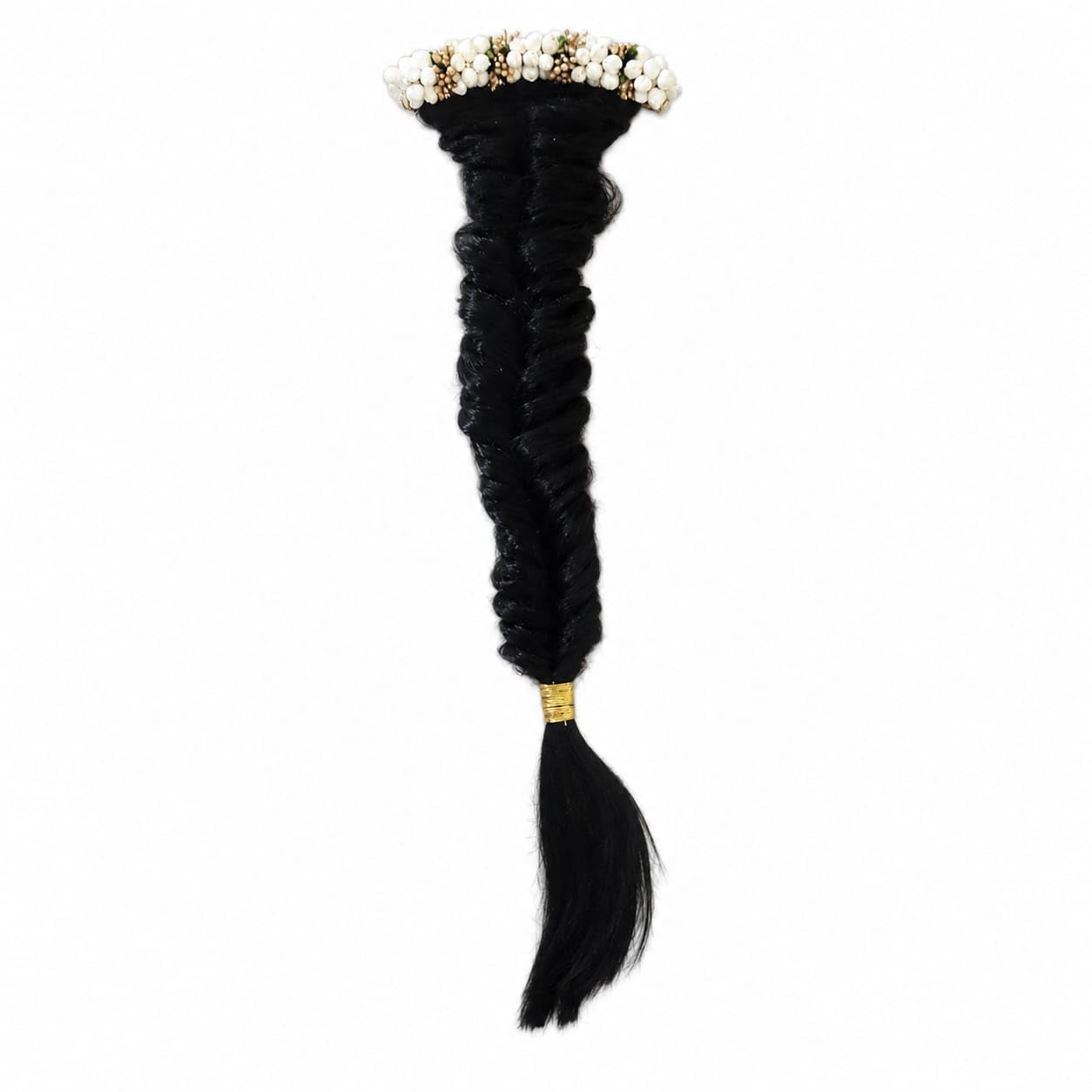 Premium Artificial Hair Braid w with clip system and 12 pcs Pearl pin & White-Maroon Flower Gajra | Long Black Synthetic Hair Extension | Traditional Bridal Hair Accessory for Women & Girls | Wedding, Temple Dance & Festival Wear (white and gold)-image-26