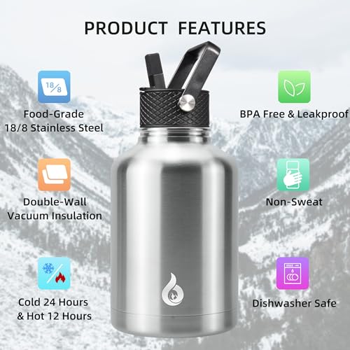 Image of BJPKPK Insulated Water Bottles with Straw Lid, 50oz Large Water Jug, Stainless Steel Vacuum Bottles, Hot & Cold Thermo with 3 Lids and Paracord Handle,Stainless Steel