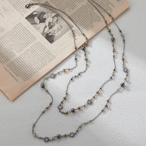 Noessla Layered Long Necklaces for Women Silver Black Beaded Necklace Vintage Flower Costume Jewelry Birthday Gifts for Women(Gold) by Noessla - Used condition - Image 2