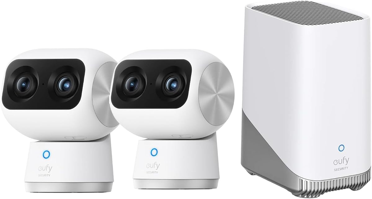 Paquete de cámara interior eufy Securtiy: kit de 2 cámaras Indoor Cam S350 con HomeBase S380, cámaras duales, cámara de seguridad 4K UHD con zoom de 8×, cámara de 360°, monitor para bebés, cámara para mascotas, almacenamiento local de hasta 16 GB