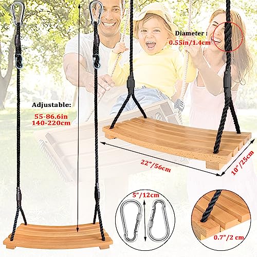 Wooden Tree Swing Adults Kids Indoor Outdoor Adjustable Rope Hanging Wood Swing Set With 2 Carabiner Hooks For Tree Branch Porch Patio Garden (22"X10") #TOP3