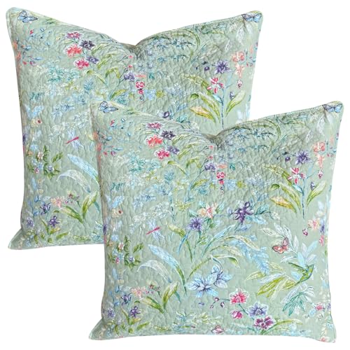 Lady Ann Cotton Quilted Throw Pillow Covers Set, Bird Butterfly & Green Floral Printed Pillow Shams 26x26 of 2, Soft & Cozy Couch Euro Pillow Cases for Sofa Bed, Living Room, and Home Decor