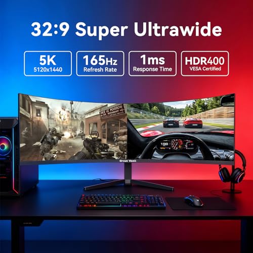 Image of Great voell 49 Inch Ultrawide Curved Gaming Monitor, 5K 32:9 DQHD, 165Hz | 5120x1440 DQHD Super Ultrawide Display, HDR400, 127% sRGB, 1ms G-Sync & FreeSync, 1500R Curved VA Panel, PIP /PBP, VESA