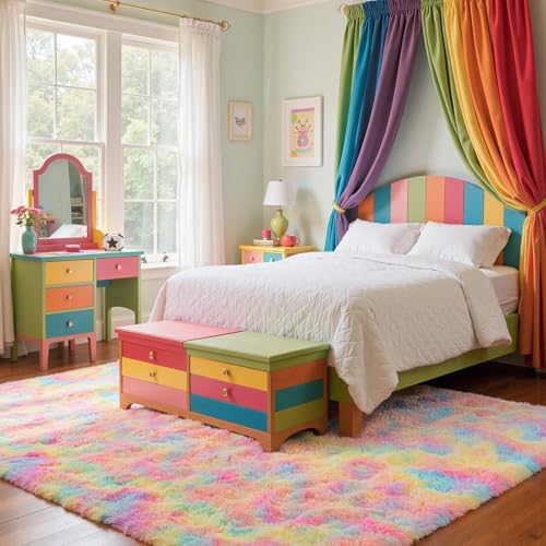 Zentavio Unicorn Rugs for Girls Room 6x9 Area Rugs for Living Room Carpet for Bedroom Washable Soft Fluffy Shag Aesthetic Plush High Pile Throw Rug for Nursery Kids Room Dorm Room Rainbow