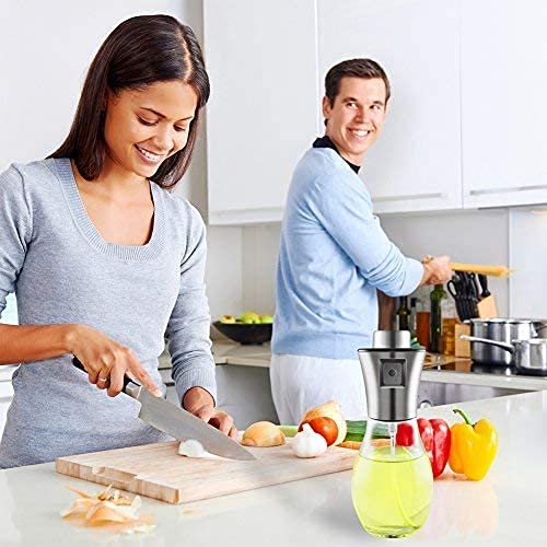 BIRZAR Stainless Steel and bar Glass Spray Oil Dispenser Bottle for Cooking, BBQ, Salad, Kitchen Baking, Roasting, Grilling, Frying, Pump with Mini Funnel, Silver, Transparent, 200 Ml 3