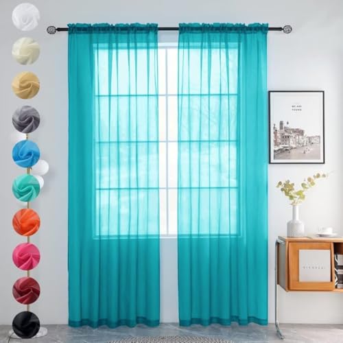 youleyar Solid Sheer Rod Pocket Curtain Voile Draperies 2 Panels White Beige Black Grey Coffee 52 Inch Width 84 Inch Long 1 Pair for Kitchen Bedroom Children Living Room Yard (Peacock Blue 52W84L)