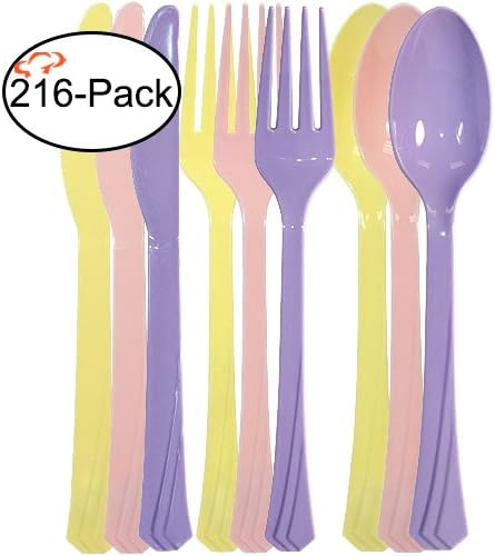 Tiger Chef 504-Pack Dora Colors Plastic Cutlery Set Heavy Duty Plastic Silverware Set includes 24 Forks, 24 Teaspoons, and 24 Knives in Pink, Yellow and Purple Dora Explorer Colors Party Supplies