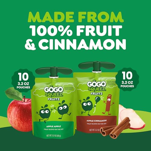 Image of GoGo squeeZ No Sugar Added Applesauce and Fruit Puree Variety Pack, Apple & Cinnamon, 3.2 oz Pouches (Pack of 20), Fruit Snacks for Kids, Gluten Free, Nut Free, Recloseable Cap, BPA Free