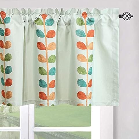 VOGOL Elegant Linen Curtain Valances for Kitchen, Colorful Leaves Embroidered Light Filtering Window Treatment for Farmhouse, Breathable Pastoral Style Rod Pocket Valance, 1 Panel, 52 x 18 Inches Cover
