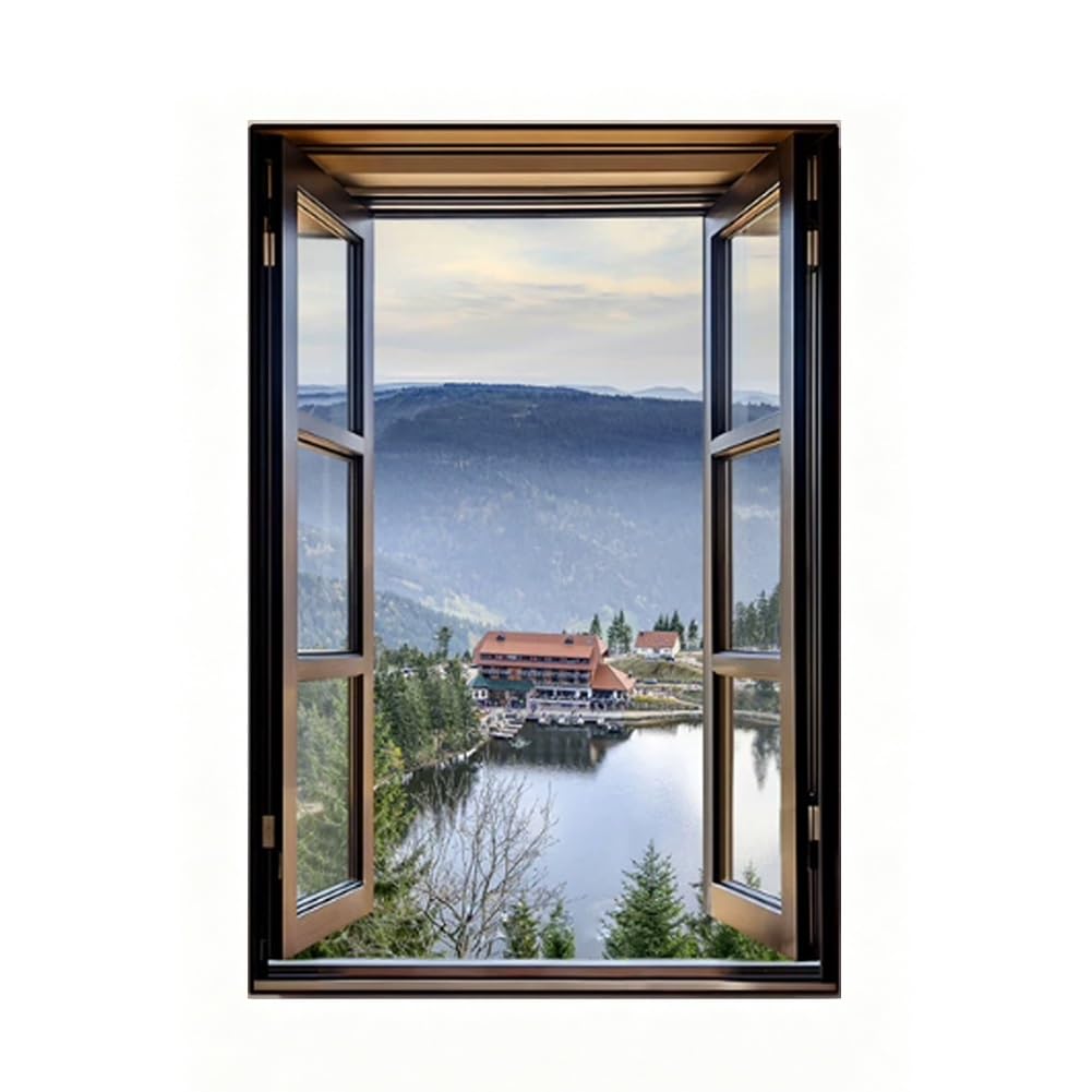 GZHERVICES Faux Window Mountain View Wall Art, Fake Window Frame View Of Sunlight Over The Hill Landscape，3D Realistic Scenic Landscape Canvas Print For Living Room Bedroom Home Decor(K,90x130 cm)