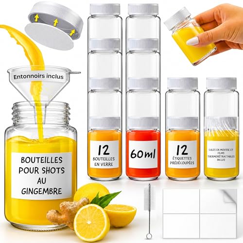 Mini bouteille Verre – 60ml (lot de 12) Large bouche Mignonette Vide – Petite Bouteille en Verre pour Jus, Huiles & Liqueurs– Bouteille reutilisable avec...