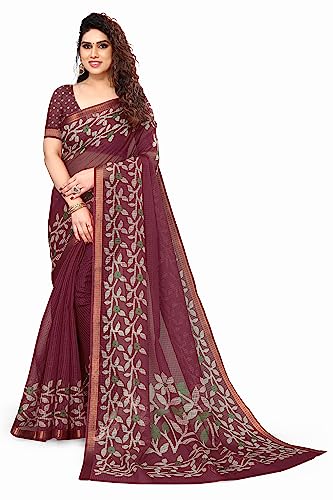 MIRCHI FASHION Women Kota Doria Cotton Floral Printed Saree with Blouse Piece (38853 - Maroon, Cream)