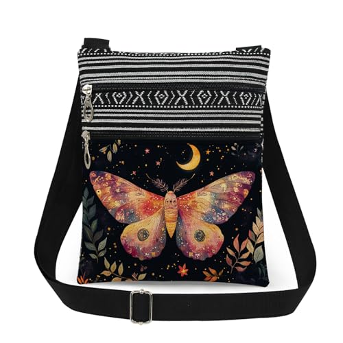 XiaoGalaee Colorful Moth Crossbody Bag Moon Star Moth Plant Print Purse