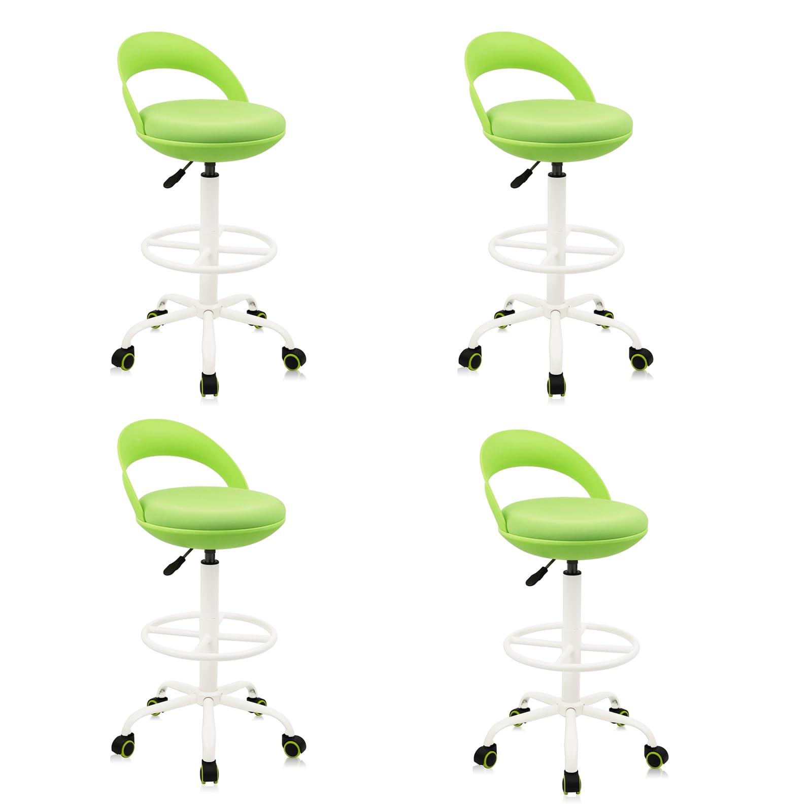 KLASIKA Drafting Chair Rolling Stool Esthetician Chairs with Footrest Backrest Ergonomic Stools Swivel Adjustable Height for Salon Tattoo Spa Medical Dentist Clinic (Green,4pack)