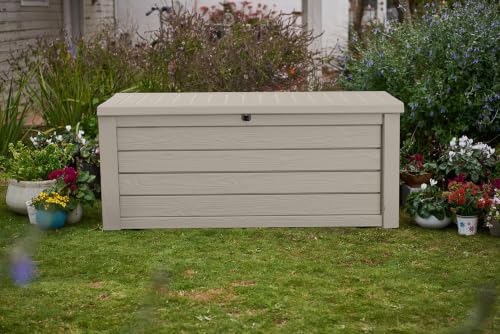 Image of Keter Westwood 150 Gal Outdoor Storage Box for Patio and Pool Accessories | Beige, Resin, Large, Weatherproof, Lockable, Hydraulic Pistons, Easy Assembly, Organization, Patio Cushions Storage