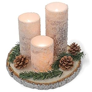 Mark Feldstein & Associates Sugared White Birch Flameless LED Christmas Pillar Candle Set with Wood Base Mark Feldstein Associates Sugared White Birch Flameless LED Christmas Pillar Candle Set with Wood Base
