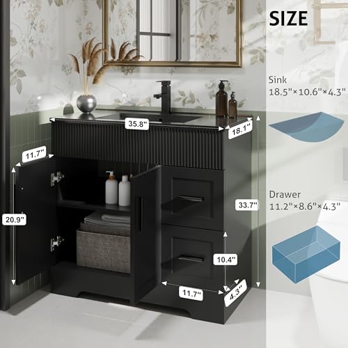 Image of eclife 36 inch Bathroom Vanities Sink Combo with Painted Surface, Modern Drawered Cabinet W /Decorative Wave Lines, Undermount Black White Sink, Matte Black Faucet Drain, Black