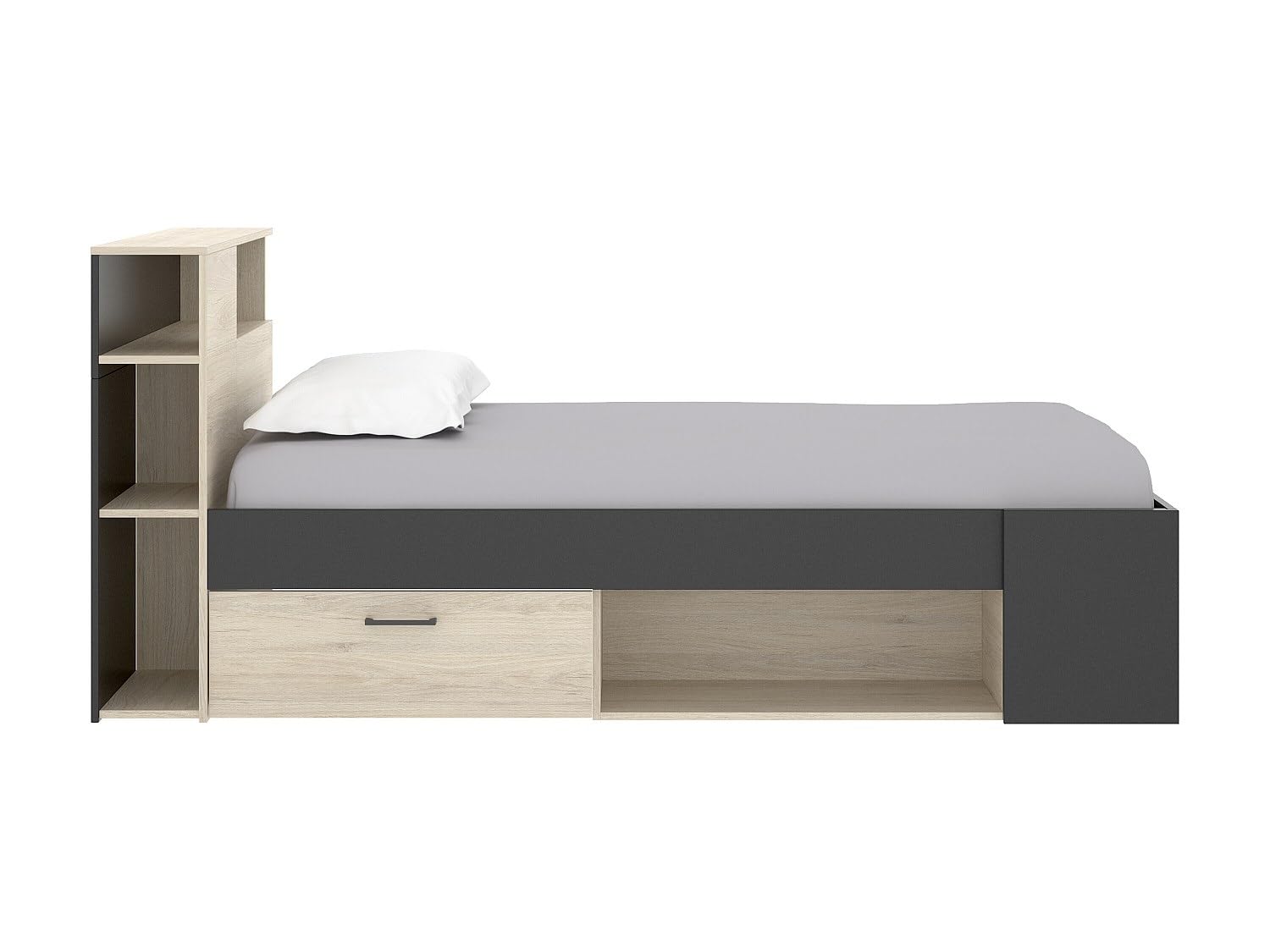 Vente-unique-Lit avec tête de lit rangements et tiroirs - 120 x 190cm - Coloris : Naturel et Anthracite + Sommier - Leandre