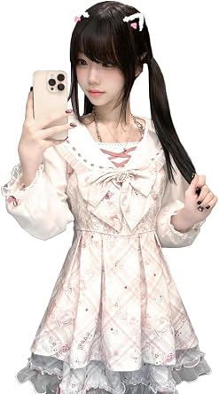 Sweet Lolita Kawaii Dress Women Spring Printed Bow Fake Two Piece Dresses Y2k Cute Long Sleeve Clothing