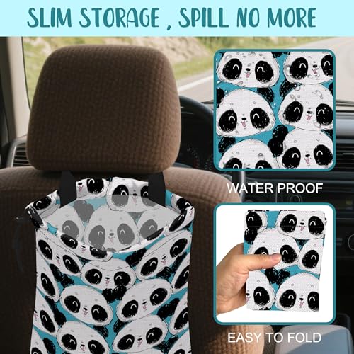 Image of Car Garbage Bag Cute Panda Hanging Canvas Car Trash Bag Waterproof Drawstring Car Back Seat Organizer for Car Back Front Seat Console with Adjustable Buckle