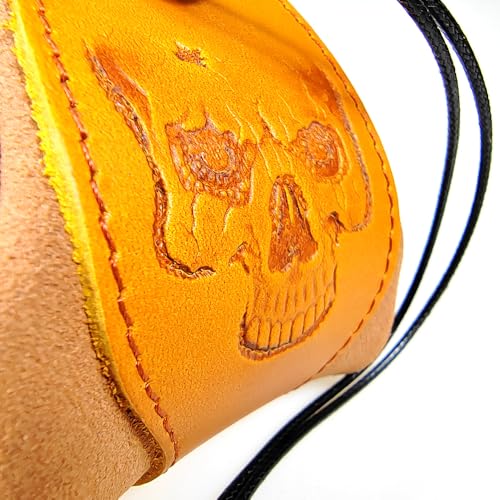 Image of Handmade Leather Dice Bag with Skull Design, RPG Dice Pouch & Tray for DND, MTG, Coins, Jewelry - Vintage Brown Suede with Brass Snap