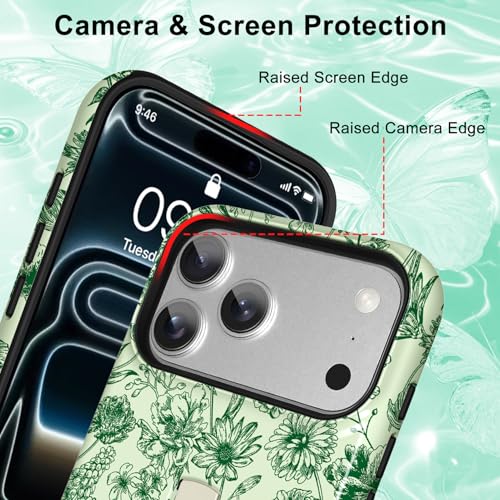 Image of Magnetic for iPhone 17 Pro Case with Finger Strap Kickstand [Compatible with Magsafe] Cute Flower Floral Pattern Design, Dual-Layer Shockproof Protective Cover for Women Men, Green