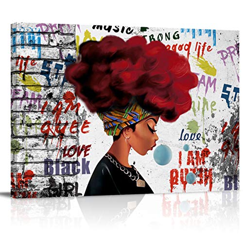 COLORSUM Canvas Wall Art Decor Traditional African Red Haired Black Girl Graffiti Background Artwork Prints for Walls Ready to Hang for Kitchen Bedroom - Stretched and Framed, 18''x12''