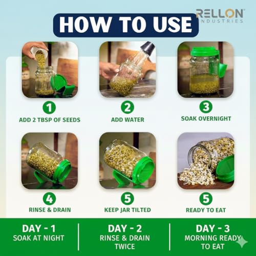 Image of Rellon Sprout Maker Glass Jar Seed Sprouting Kit, 2 Large Wide Mouth Mason Jars with Sprout Lids, Drain Tray, Sprouts Growing Kit for Seeds Dal Channa CholeOrganic Sprouting Jar(750Ml) (PACK OF 1)