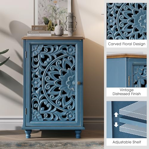 Image of JOINICE Small Accent Cabinet with Hand-Carved Door for Living Room /Bedroom | Hand-Carved Floral Design, Farmhouse /Rustic Style, Space-Saving, Sofa Table, Solid Wood Legs, Adjustable Shelf, Easy Assembly