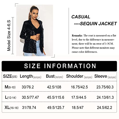 Evild Casual Sequin Women Blazer Open Front Long Sleeve Jacket Blazer Lapel Work Office Loose Jacket Sparky Cocktail Cardigan Black #TOP2