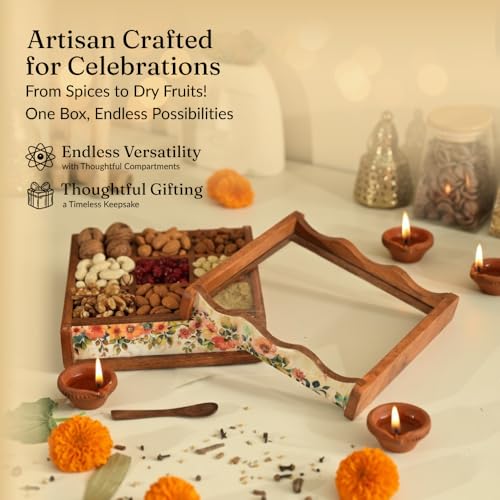 Image of Brick Brown Premium Wooden Pastel Flora Nava Masala Box with Wooden Spoon | 9-Compartment Spice Box Organizer with Acrylic Lid Meenakari Work | Masala Dani Namak Dani | Masala's Container Dabba