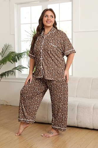 Image of Vozanet Women's Plus Size Pajamas Button Down Shirt and Pants Soft Lounge Sets Bride Nighty Bottom with Pockets 1x to 5x