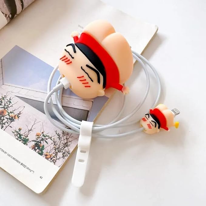 Image of PHONE PALACE 4 in 1 Compatible with Apple iPhone Charger Case Cover | Silicon Charger Case Cover for Apple 18-20W 360 Degree Protection Case with Wire Saver (Shinchan (Red))