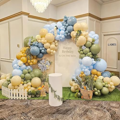 Image of Sage Green Dusty Blue Yellow Balloon, 12 Inch Fog Slate Blue Balloons with Olive Green Yellow Balloon for Oh Baby Shower Bridal Shower Birthday Wild One Party Bee Theme Party Deocration Supplies