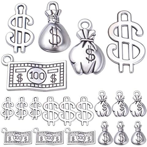 Hmjpng 50pcs Antique Silver Dollar Sign Charms Tibetan Alloy Money Bag Pendants 100 Dollars Bill Charms for DIY Bracelets Necklace Jewelry Making Handmade Decoration, 5 Styles Cover