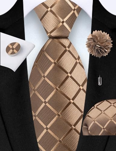 Image of GUSLESON 3.15 inch(8cm) Mens Tie and Lapel Pin Plaid Checkered Necktie Hankerchief Cufflinks Set for Men